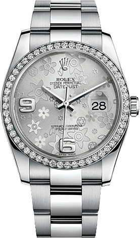 Rolex Datejust 36,39,41 mm 36mm Steel and White Gold 116244 Silver Floral